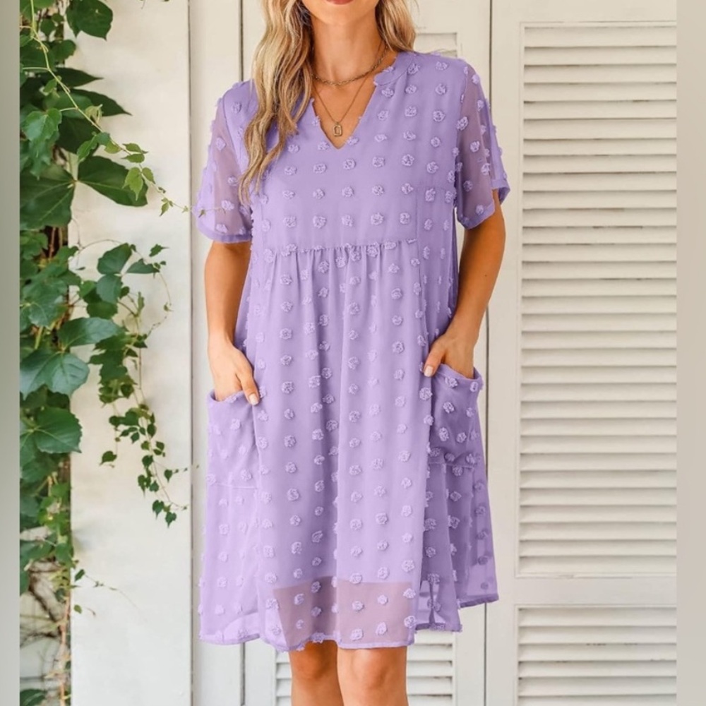 3/$25! NEW! MIHOLL Boutique Short Sleeve V-Neck Swiss Dot Babydoll Mini Dress - Picture 1 of 7